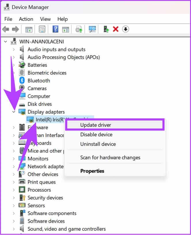 expland-display-drivers-and-then-choose-update 12 طريقة لإصلاح استمرار تعطل OBS على Windows