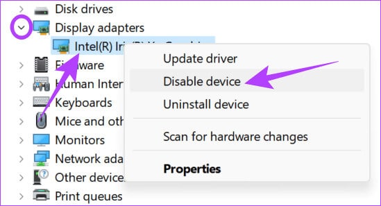 open-display-drivers-and-then-disable-the-drivers 12 طريقة لإصلاح استمرار تعطل OBS على Windows