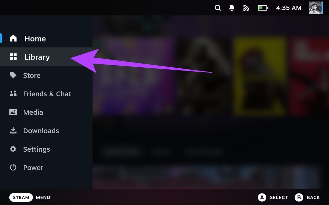 1.-Here-tap-on-Library كيفية التحقق من معايرة الجيروسكوب وإيقافه على جهاز Steam Deck