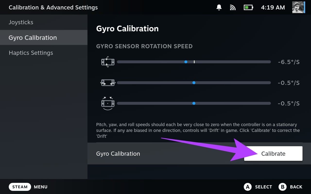 1.-Tap-the-Calibrate-button كيفية التحقق من معايرة الجيروسكوب وإيقافه على جهاز Steam Deck