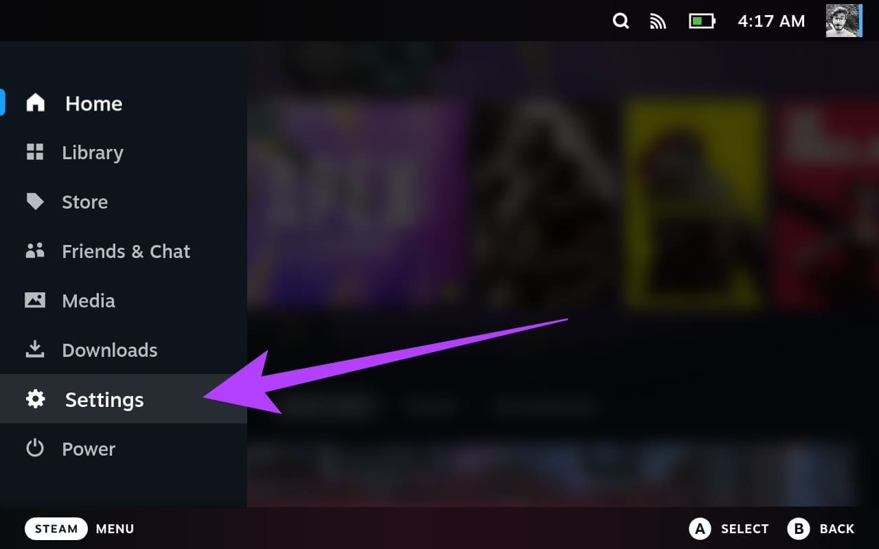 1.-select-Settings كيفية التحقق من معايرة الجيروسكوب وإيقافه على جهاز Steam Deck