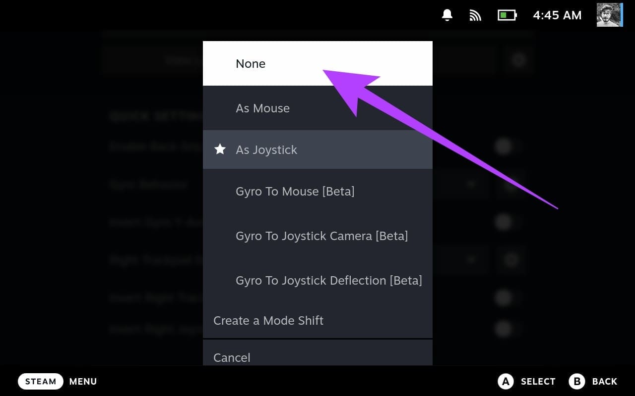 2.-Now-from-the-list-of-options-select-None كيفية التحقق من معايرة الجيروسكوب وإيقافه على جهاز Steam Deck