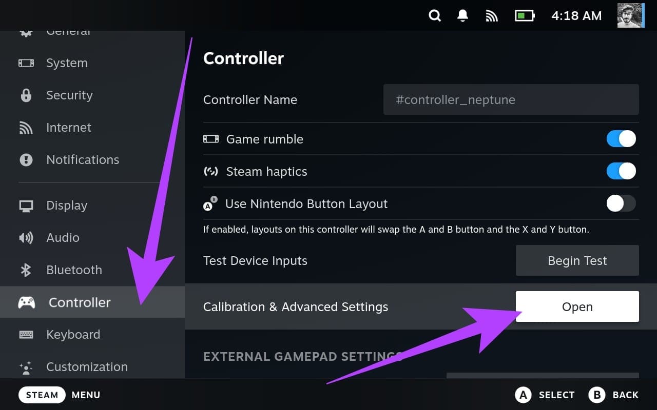 2.-tap-on-Open-next-to-Calibration-Advanced-Settings كيفية التحقق من معايرة الجيروسكوب وإيقافه على جهاز Steam Deck