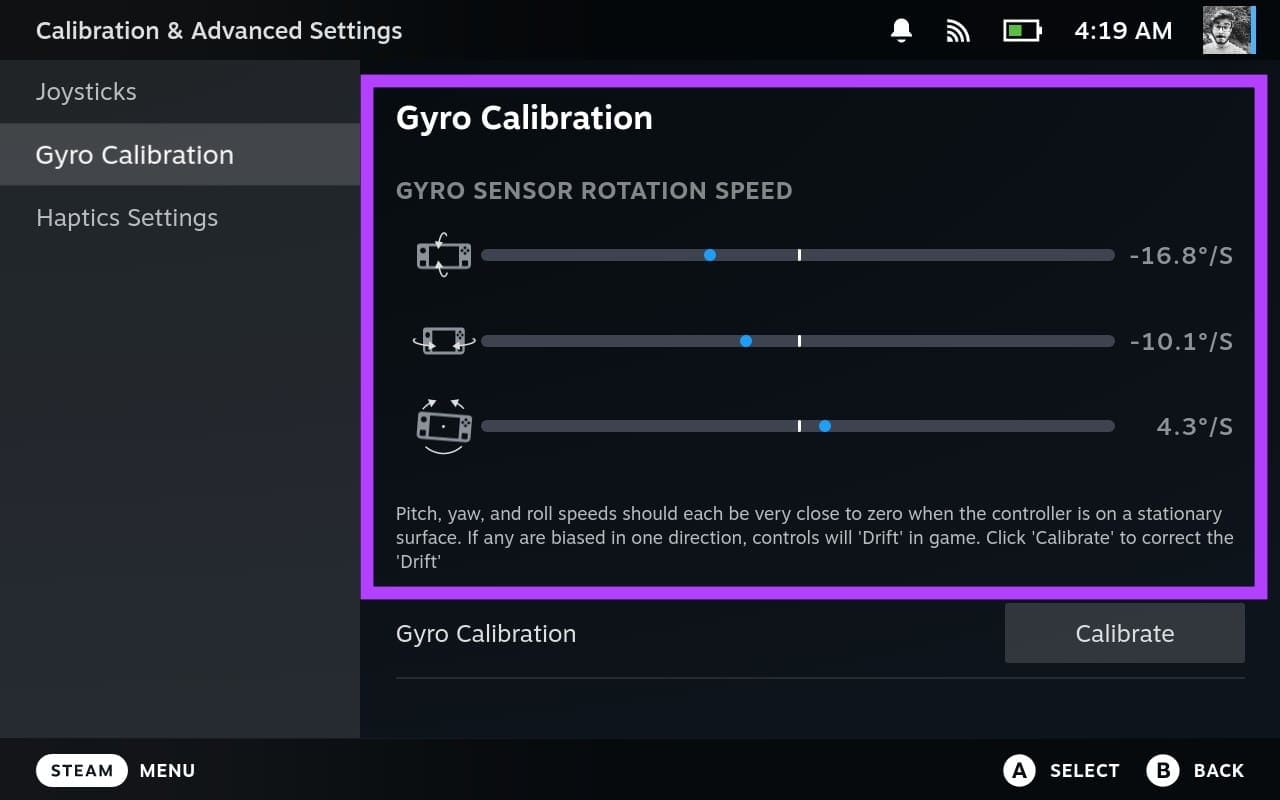 3.-Inside-the-Calibration-Advanced-Settings-select-Gyro-Calibration-from-the-left-pane كيفية التحقق من معايرة الجيروسكوب وإيقافه على جهاز Steam Deck