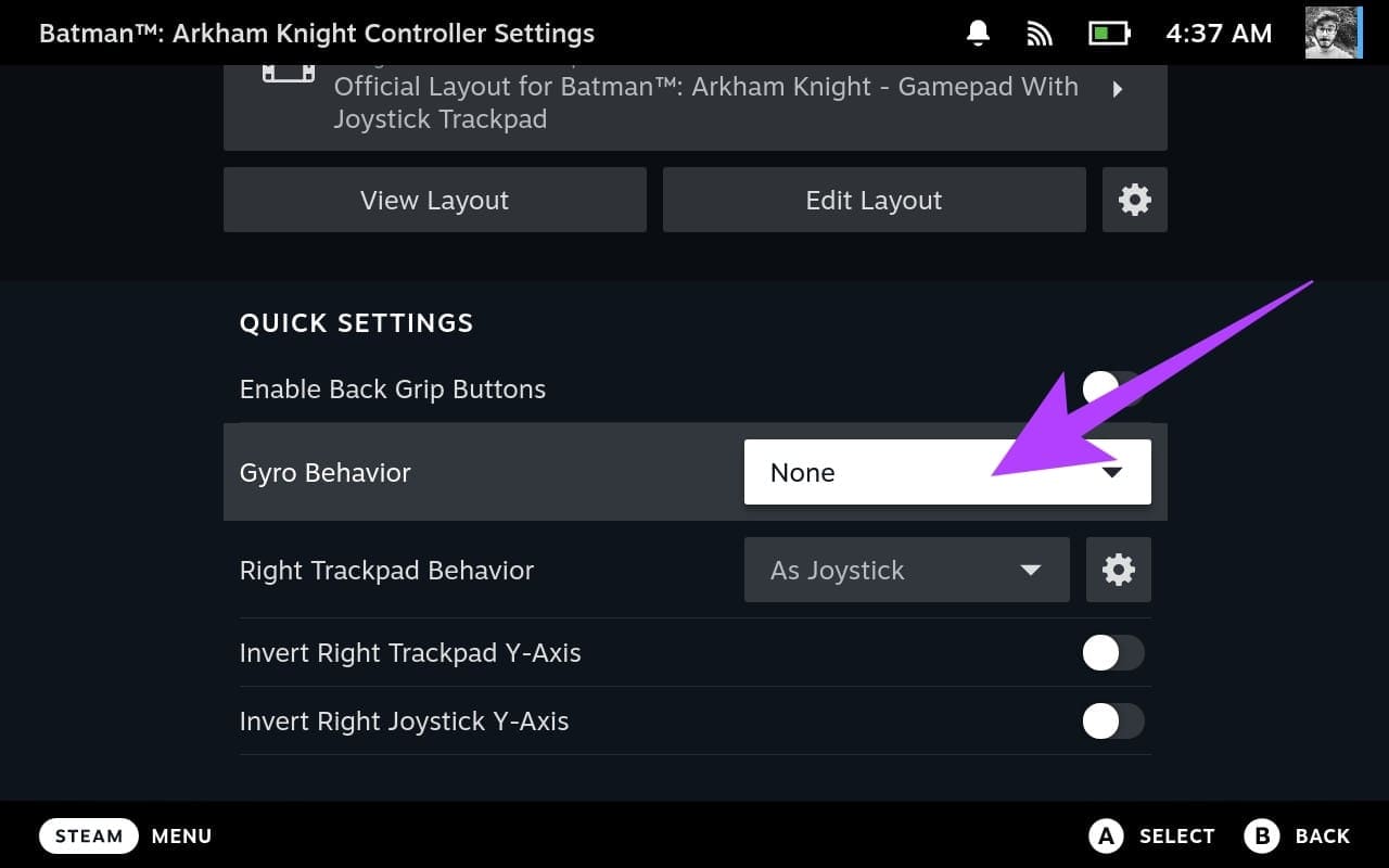 3.-scroll-down-to-the-Quick-Settings-section.-Here-tap-on-Gyro-Behavior كيفية التحقق من معايرة الجيروسكوب وإيقافه على جهاز Steam Deck