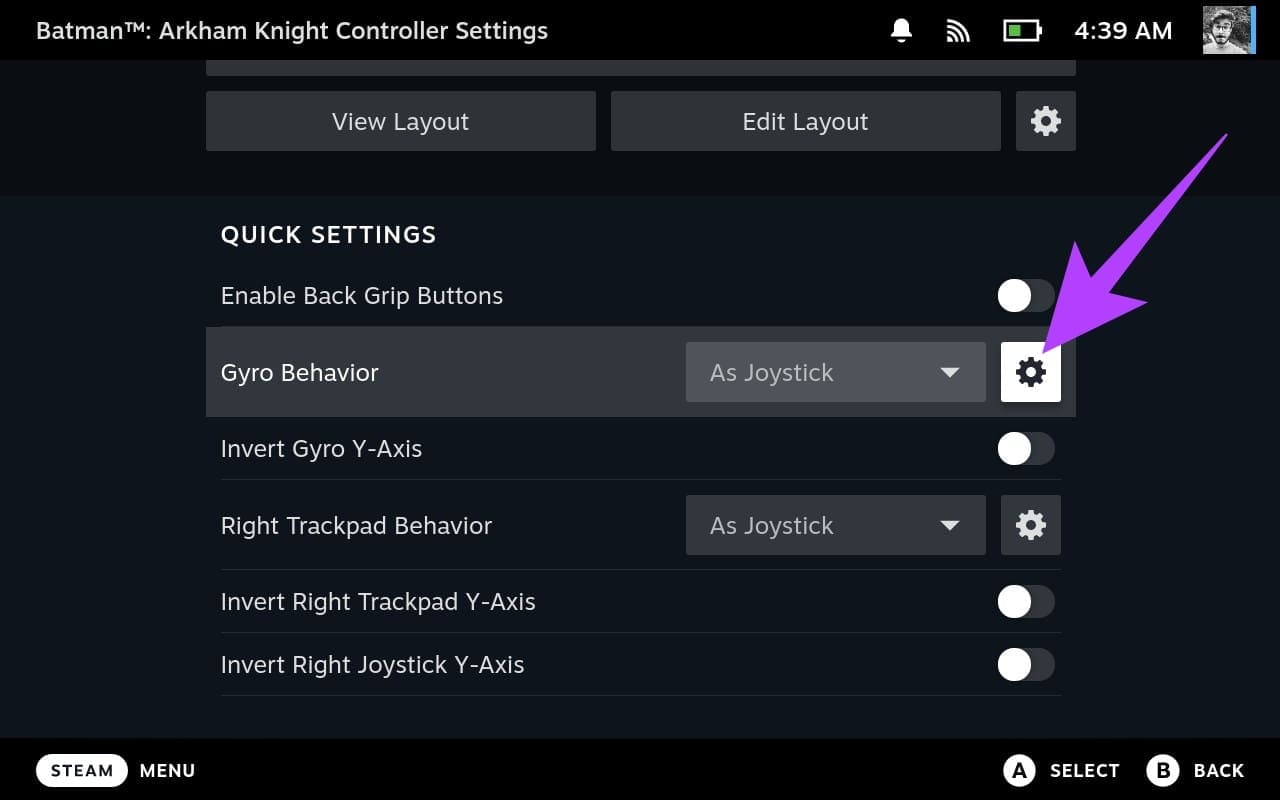 5.-tap-on-the-gear-cog-icon-next-to-it كيفية التحقق من معايرة الجيروسكوب وإيقافه على جهاز Steam Deck