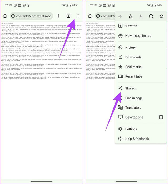 Android-Chrome-Share-messages-934x1024-1 3 طرق لتصدير الرسائل النصية من Android إلى PDF