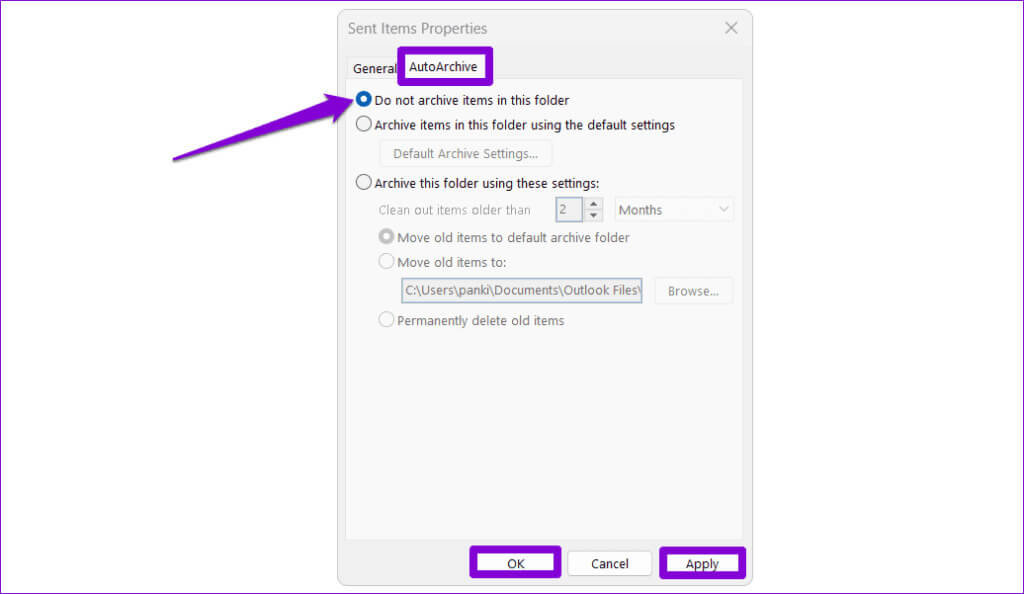 AutoArchive-Settings-in-Outlook-1024x594-1 أفضل 6 إصلاحات لعدم ظهور العناصر المرسلة في Microsoft Outlook على Windows