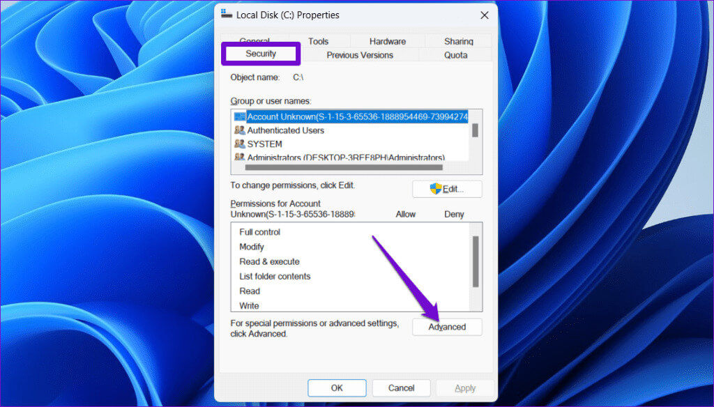 C-Drive-Security-Settings-1024x584-1 أفضل 7 إصلاحات لخطأ "الامتياز المطلوب لا يحتفظ به العميل" على Windows