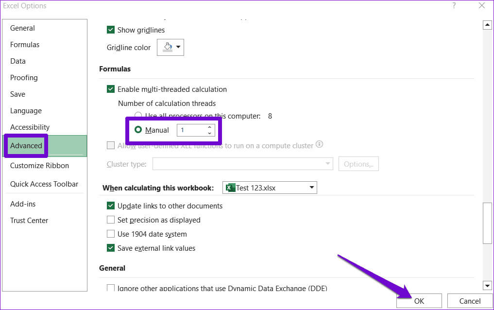 Change-the-Number-of-Calculation-Threads أفضل 6 إصلاحات لخطأ نفاد موارد Excel على Windows