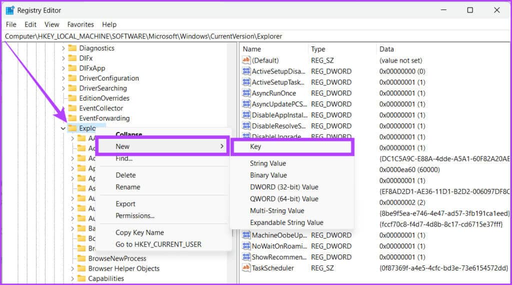 Choose-Explorer-right-click-on-it-and-choose-New-and-select-Key-1024x570-1 كيفية إزالة أسهم الاختصارات في Windows 10/11
