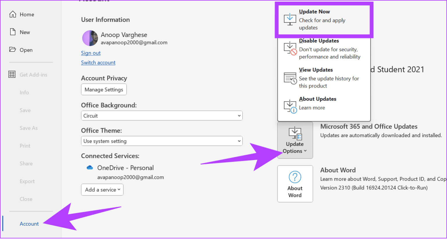Choose-account-and-then-update-1536x820-1 9 طرق لإصلاح رمز خطأ Microsoft Office 147-0