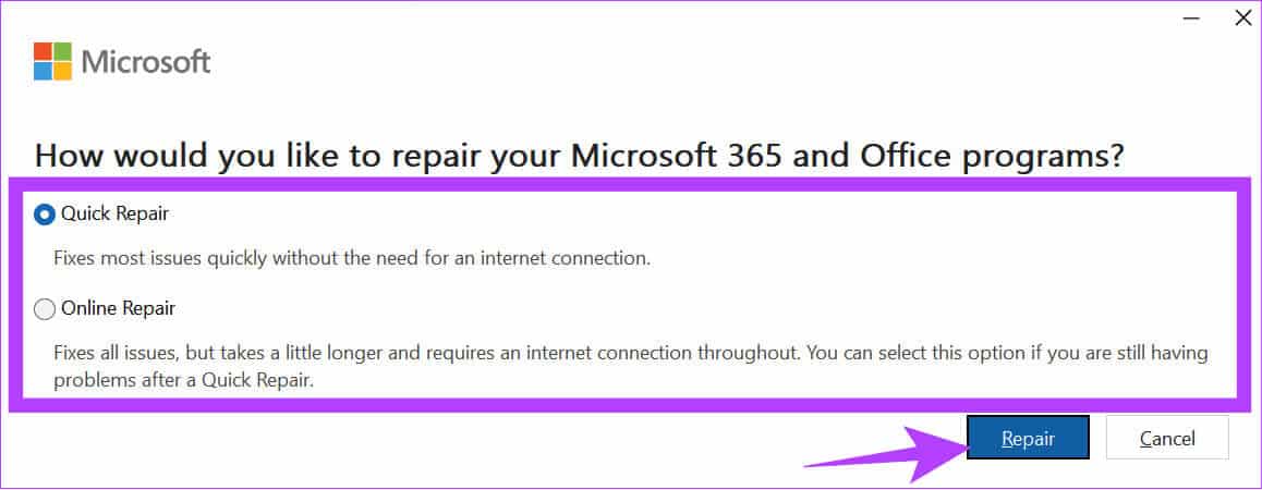 Choose-between-Quick-and-online-and-then-select-repair 9 طرق لإصلاح رمز خطأ Microsoft Office 147-0