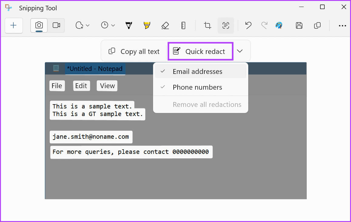 Click-on-Quick-redact كيفية استخدام إجراءات أداة قص النص في Windows 11