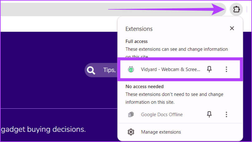 Click-the-extension-icon-and-select-Vidyard 5 طرق سهلة لحفظ تسجيل Windows بالصوت