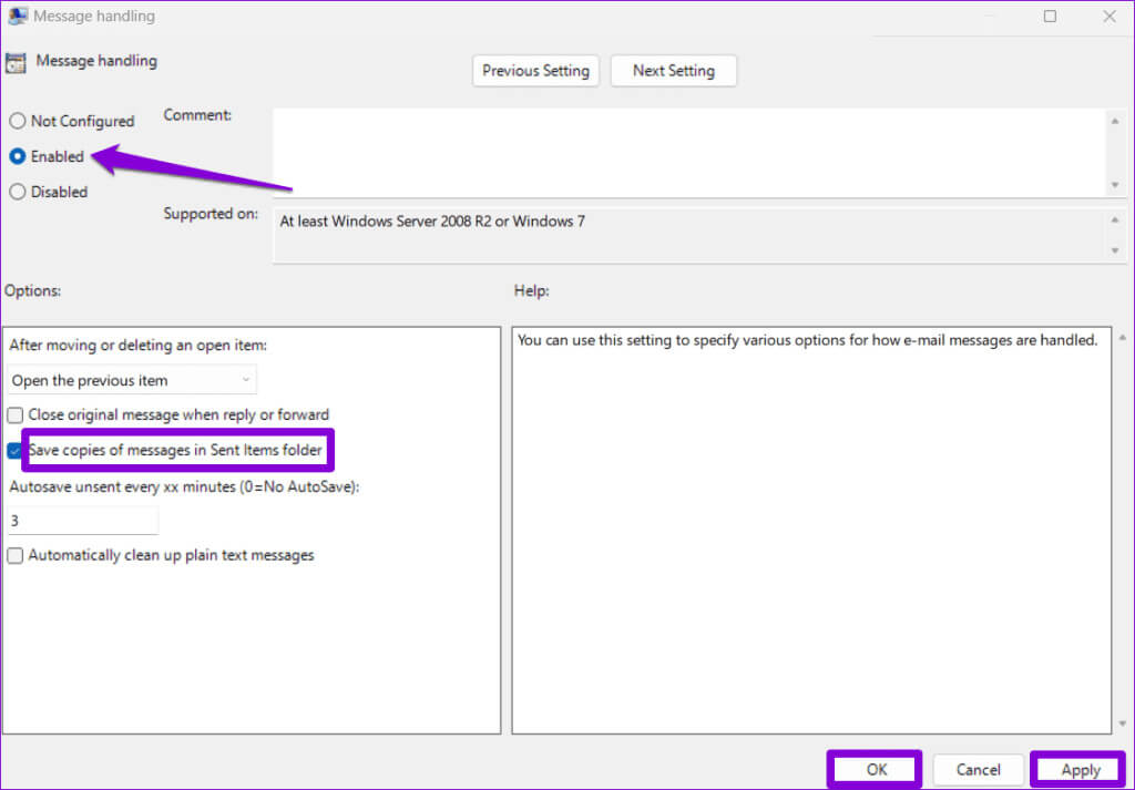 Configure-Messsage-Handling-Policy-in-Group-Policy-Editor-1024x713-1 أفضل 6 إصلاحات لعدم ظهور العناصر المرسلة في Microsoft Outlook على Windows