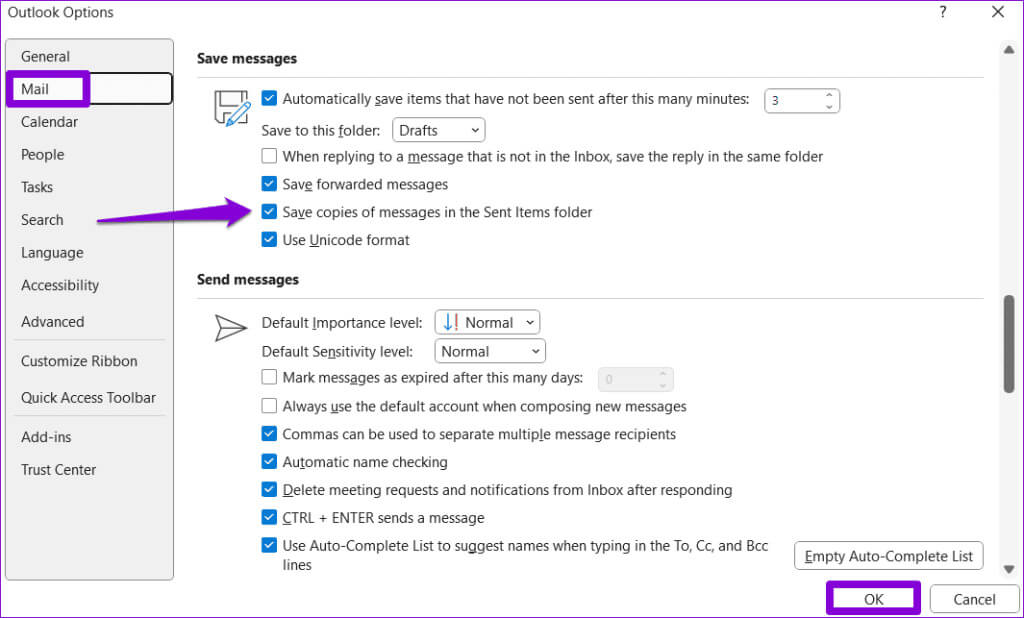 Configure-Outlook-to-Save-Sent-Emails-1024x618-1 أفضل 6 إصلاحات لعدم ظهور العناصر المرسلة في Microsoft Outlook على Windows