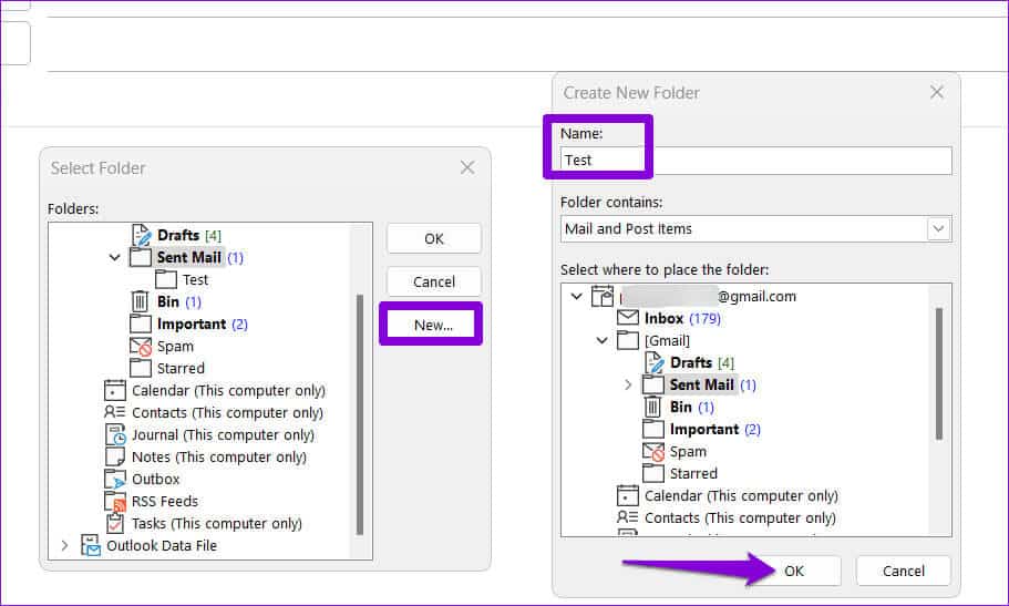 Create-New-Folder-in-Outlook أفضل 6 إصلاحات لعدم ظهور العناصر المرسلة في Microsoft Outlook على Windows