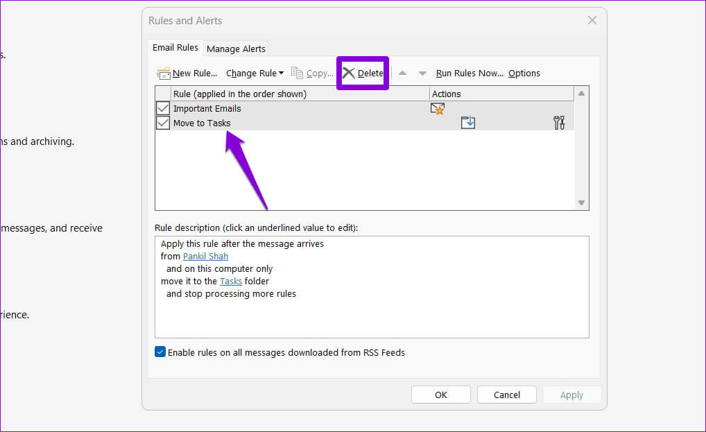 Delete-Outlook-Rules أهم 7 إصلاحات لخطأ "فشل العملية" في Microsoft Outlook على Windows