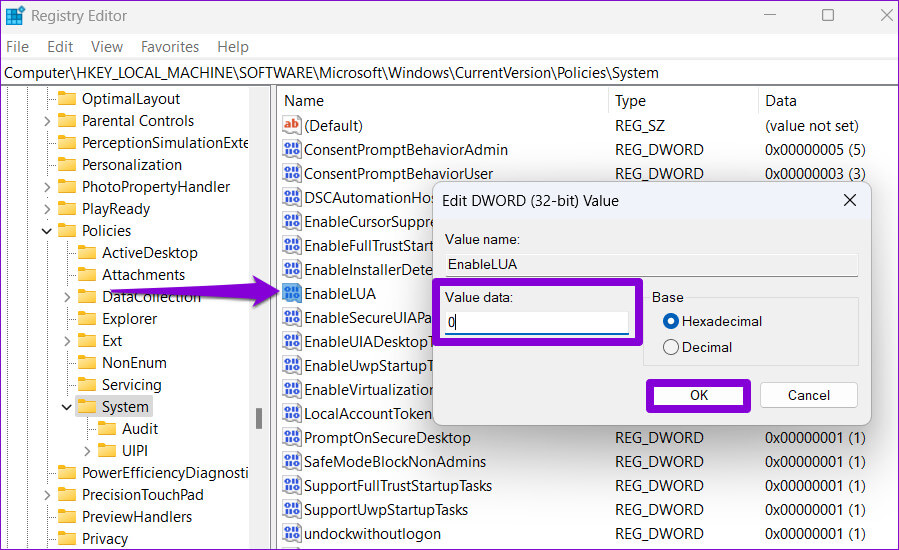 Disable-UAC-From-Registry-Editor أفضل 7 إصلاحات لخطأ "الامتياز المطلوب لا يحتفظ به العميل" على Windows