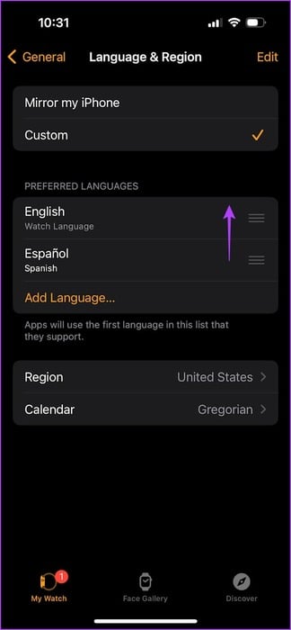 Drag-Language-to-Top كيفية تغيير اللغة على Apple Watch