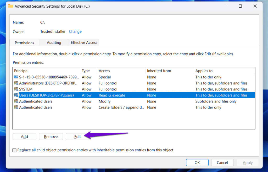 Edit-Permissions-for-C-Drive-1024x656-1 أفضل 7 إصلاحات لخطأ "الامتياز المطلوب لا يحتفظ به العميل" على Windows