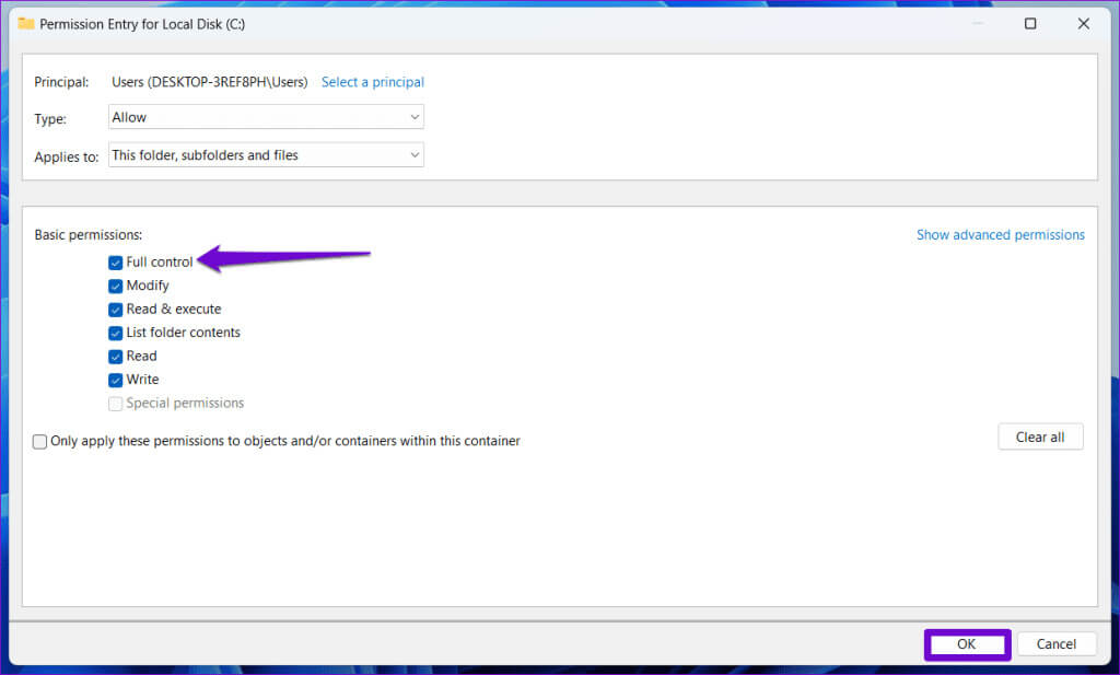 Enable-Full-Control-For-C-Drive-1024x617-1 أفضل 7 إصلاحات لخطأ "الامتياز المطلوب لا يحتفظ به العميل" على Windows