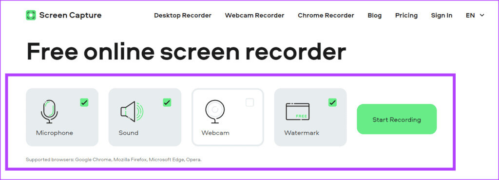 Enable-Microphone-Sound-Webcam-and-Watermark-and-press-the-Start-Recording-button-1024x369-1 5 طرق سهلة لحفظ تسجيل Windows بالصوت