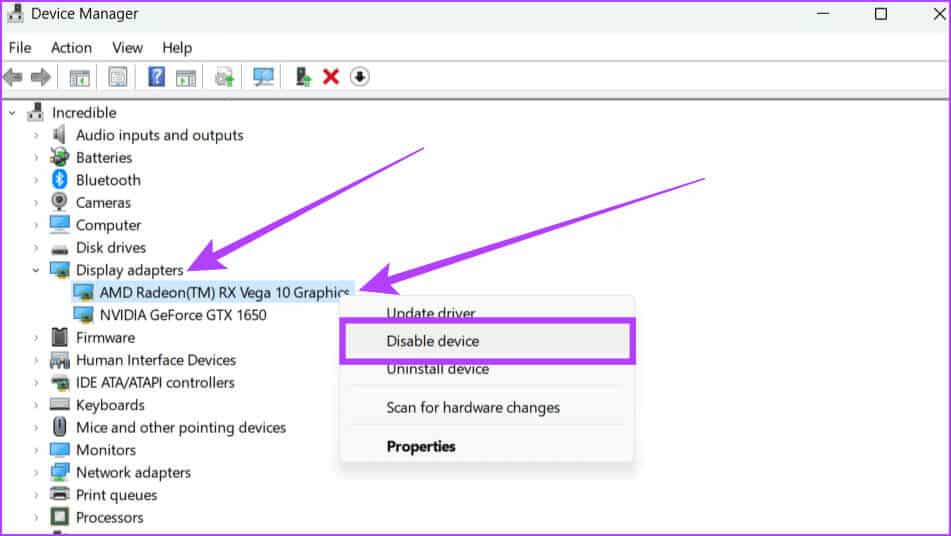 Expand-Display-adapters-right-click-your-AMD-Radeon-graphics-card-and-choose-Disable-device 11 إصلاحًا لعدم عمل برنامج AMD Adrenalin أو فتحه