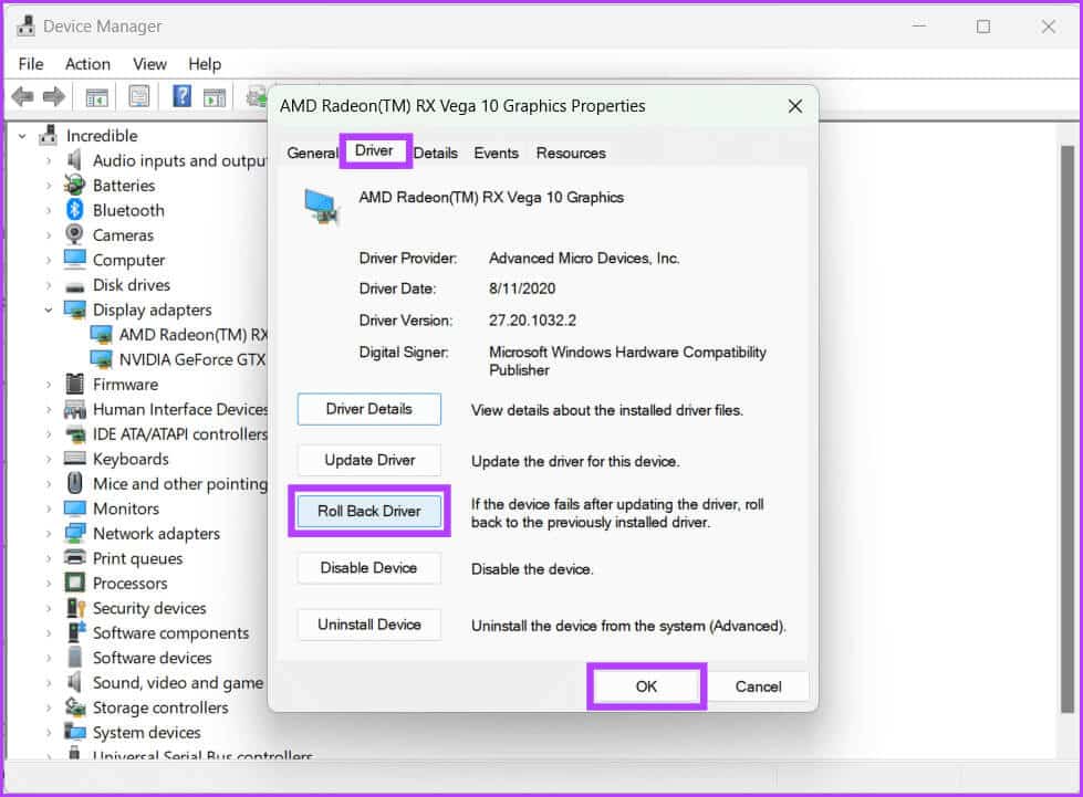 Go-to-the-Driver-tab-select-Roll-Back-Driver-and-click-OK-to-save-the-changes 11 إصلاحًا لعدم عمل برنامج AMD Adrenalin أو فتحه