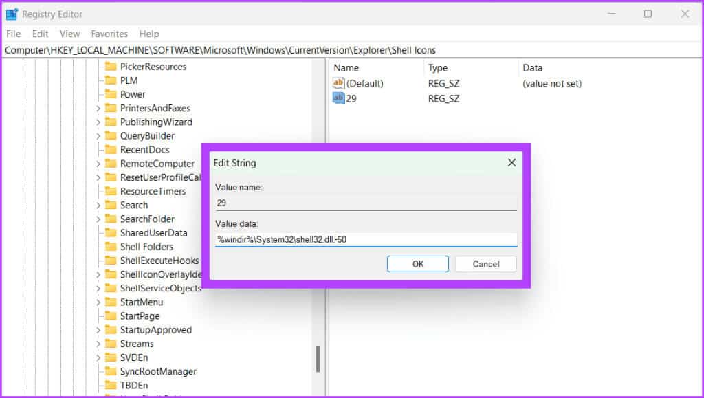 Name-the-new-String-as-29-double-click-it-enter-the-command-and-press-enter-1024x579-1 كيفية إزالة أسهم الاختصارات في Windows 10/11