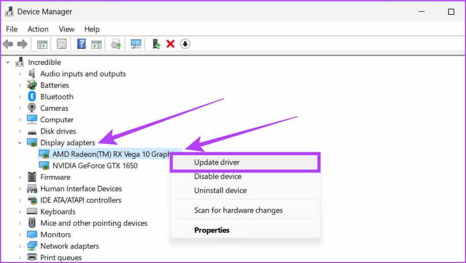 Open-Display-adapters-right-click-on-AMD-graphic-driver-and-select-Update-driver-from-the-options 11 إصلاحًا لعدم عمل برنامج AMD Adrenalin أو فتحه