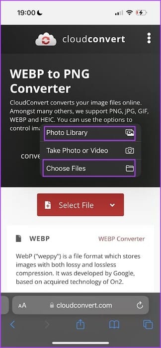 Select-Files-or-Photo-Library كيفية تحويل صور WEBP إلى JPG/PNG على iPhone