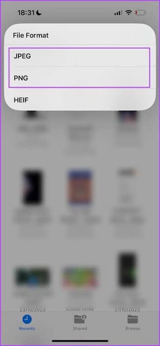 Select-Output-Format-in-Files كيفية تحويل صور WEBP إلى JPG/PNG على iPhone