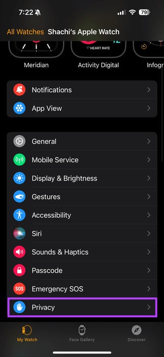Select-Privacy-in-Watch-app 8 طرق لإصلاح عدم احتساب Apple Watch للخطوات بشكل صحيح