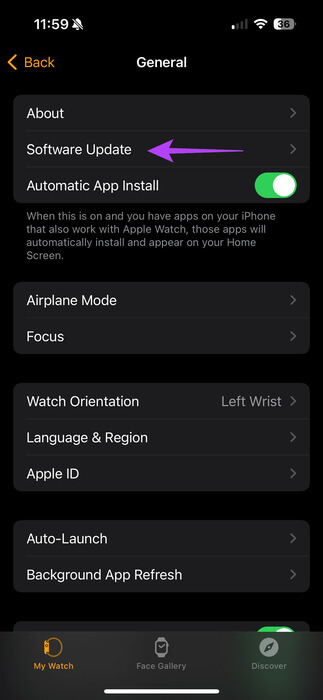 Select-Software-Update 9 طرق لإصلاح عدم عمل مكبر الصوت على Apple Watch