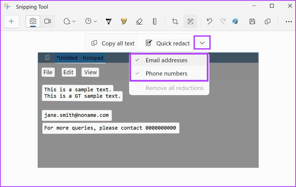 Select-redaction-criteria كيفية استخدام إجراءات أداة قص النص في Windows 11