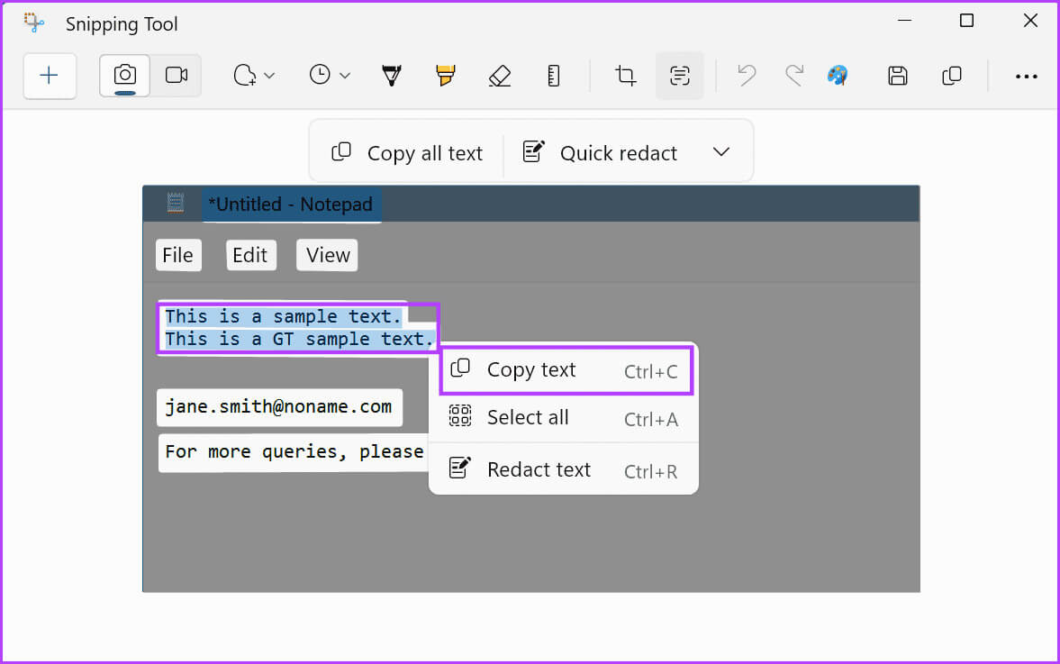 Select-text-to-copy كيفية استخدام إجراءات أداة قص النص في Windows 11