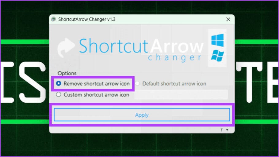 Select-the-Remove-shortcut-arrow-icon-and-click-Apply كيفية إزالة أسهم الاختصارات في Windows 10/11
