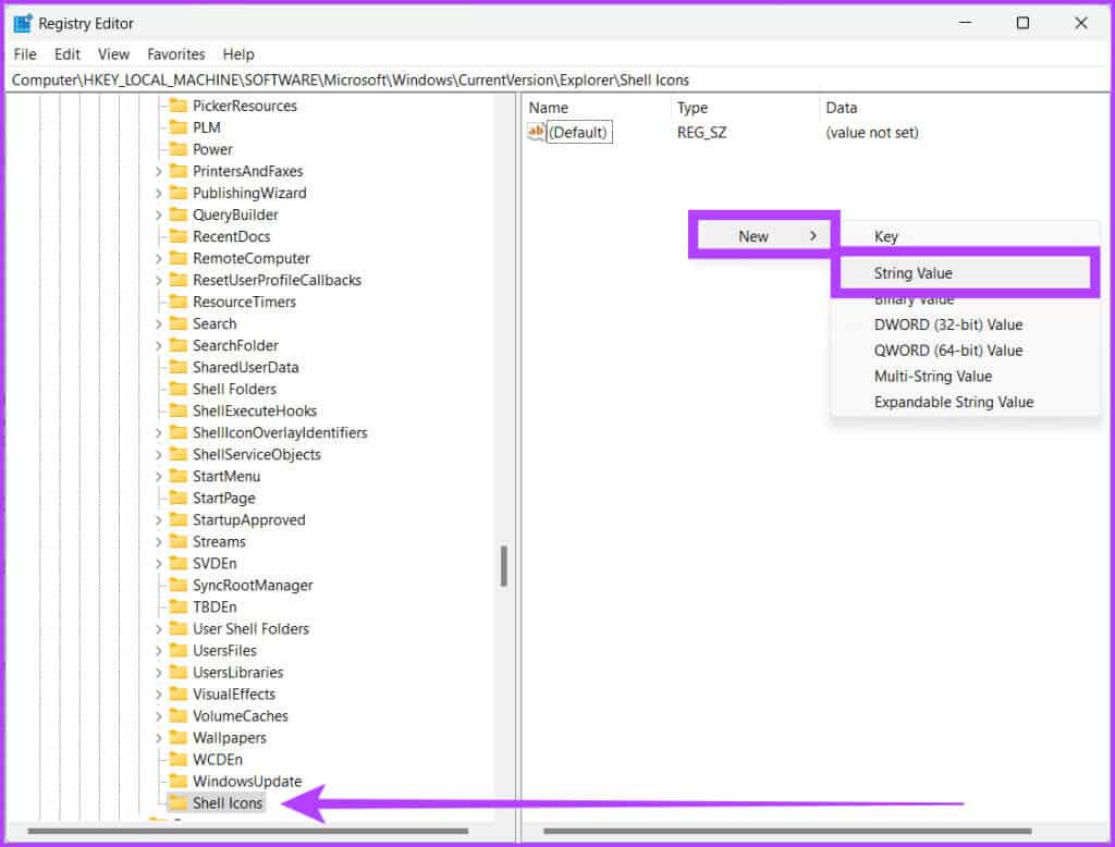 Select-the-new-Shell-Icons-right-click-a-space-within-the-right-pane-select-New-and-String-Value-1024x778-1 كيفية إزالة أسهم الاختصارات في Windows 10/11