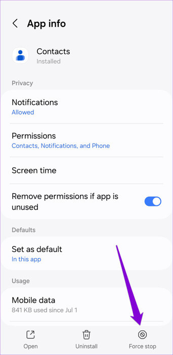 Stop-Contacts-App-on-Android-500x1024-1 أفضل 7 إصلاحات لعدم حفظ جهات الاتصال على Android