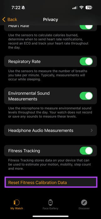 Tap-Reset-Fitness-Caliberation-Data 8 طرق لإصلاح عدم احتساب Apple Watch للخطوات بشكل صحيح