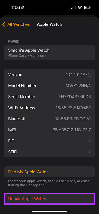 Tap-Unpair-Apple-Watch 9 طرق لإصلاح عدم عمل مكبر الصوت على Apple Watch