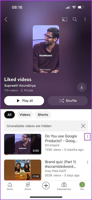 Tap-on-Three-Dots-Next-to-Video كيفية مشاهدة مقاطع فيديو YouTube التي أعجبتك على جهاز الكمبيوتر والهاتف المحمول