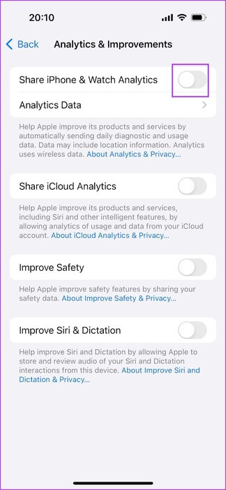 Turn-off-Share-iPhone-and-Watch-Analytics ما هي بيانات iPhone Analytics وكيفية تمكينها أو تعطيلها