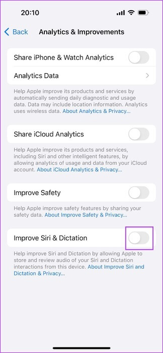 Turn-off-improve-siri-and-dictation ما هي بيانات iPhone Analytics وكيفية تمكينها أو تعطيلها