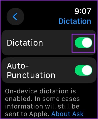 Turn-on-toggle-for-dictation 12 طريقة لإصلاح عدم عمل الميكروفون على Apple Watch