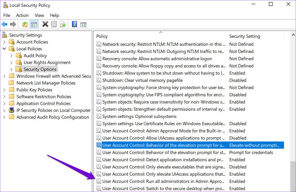 UAC-Policy-in-Security-Policy-Window-1024x664-1 أفضل 7 إصلاحات لخطأ "الامتياز المطلوب لا يحتفظ به العميل" على Windows