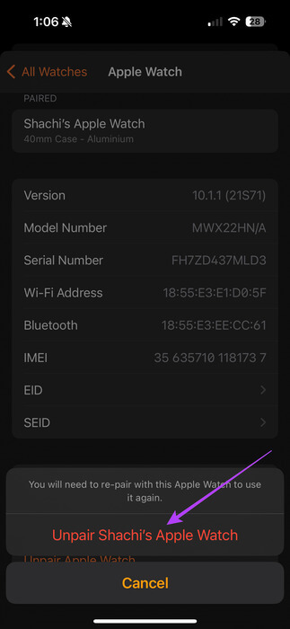 Unpair-Your-Apple-Watch 9 طرق لإصلاح عدم عمل مكبر الصوت على Apple Watch