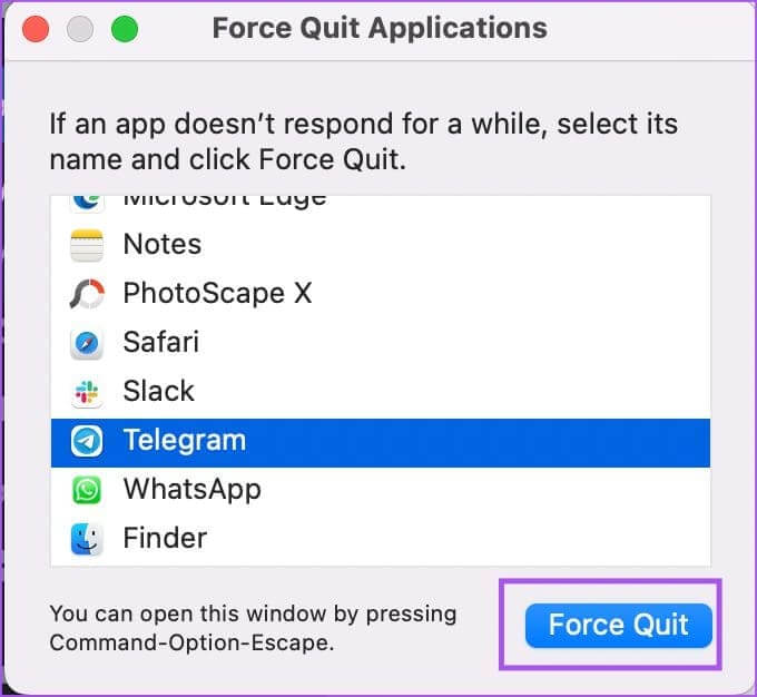 force-quit-telegram-mac أفضل 6 إصلاحات لاستمرار Telegram في تسجيل الخروج على الهاتف المحمول وسطح المكتب